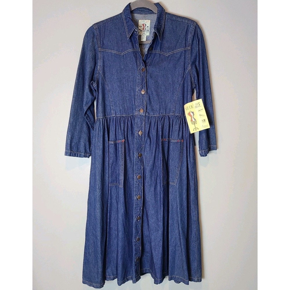 Studio 25 Womens Denim Midi Shirt Dress Western XL 90s 80s modest Americana NWT